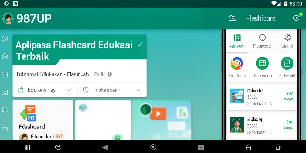 Tampilan antarmuka utama aplikasi 987UP dengan fitur Flashcard.