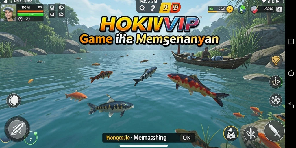 Screenshot HOKIVIP menampilkan antarmuka menarik saat memancing di danau.