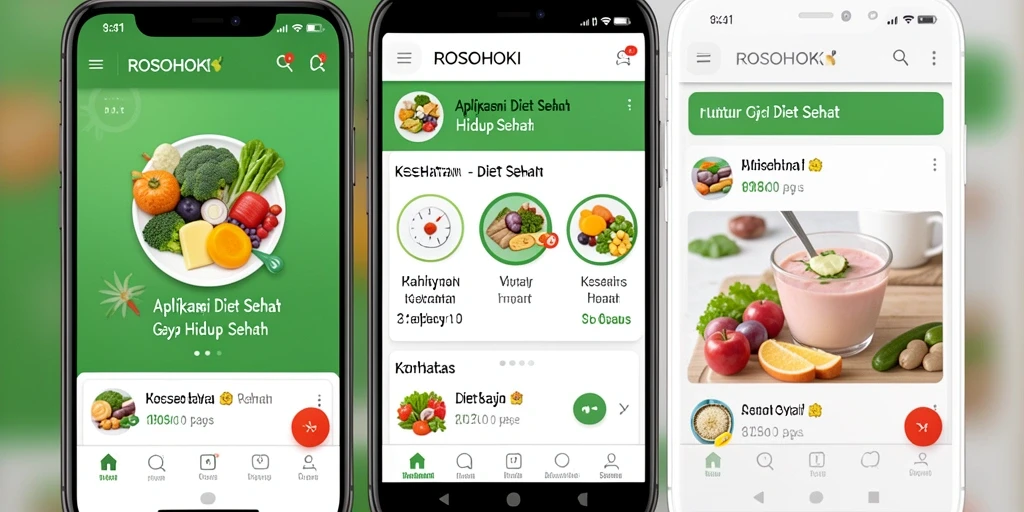 Tampilan antarmuka pengguna aplikasi Diet Sehat ROSOHOKI yang modern.
